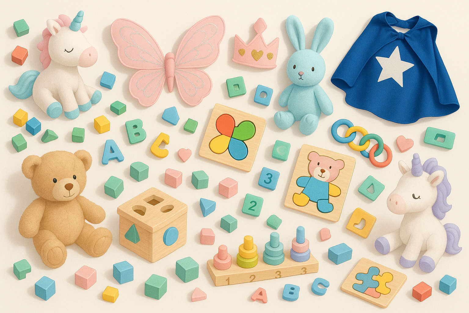 Create a colorful, playful product banner for a kids’ toys and accessories store. Include a mix of plush animals, building blocks, wooden puzzles, dress-up accessories, and small educational toys, arranged in a cheerful, whimsical layout. Use soft pastel colors with vibrant accents (#0E1B4D #4770DB), gentle lighting, and subtle shadows to make the products pop. No text, no logos, no people — just fun, imaginative, and inviting atmosphere that highlights the variety of toys and accessories